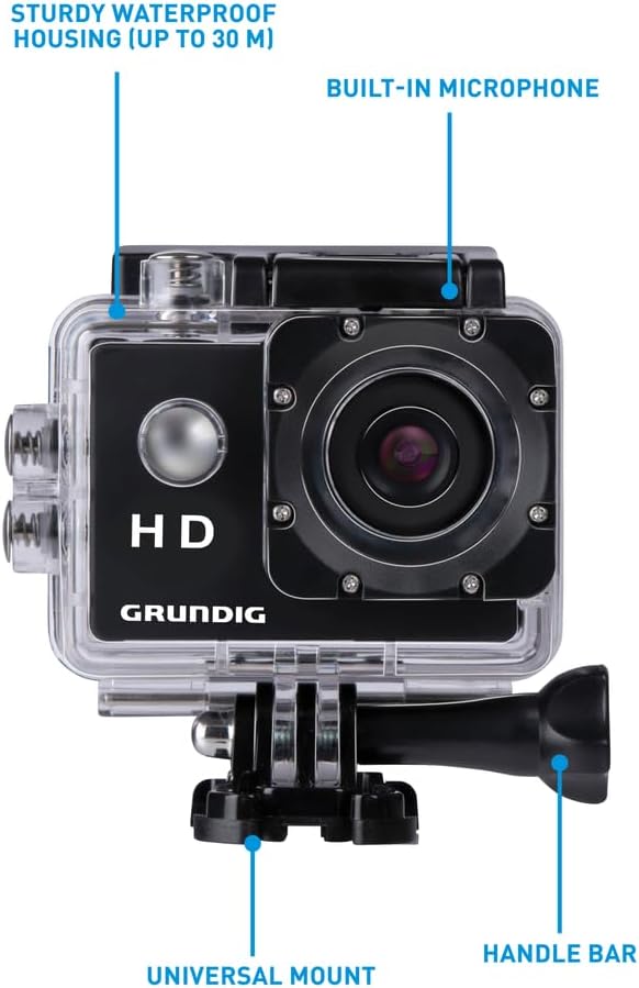 Grundig Cámara Deportiva 720P - Cámara de Acción Impermeable - Action CAM para Youtubers - Cámara Subacuática con Pantalla – Negra - Imagen 2