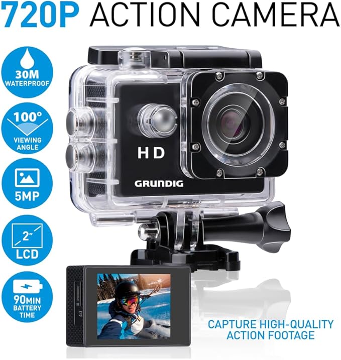 Grundig Cámara Deportiva 720P - Cámara de Acción Impermeable - Action CAM para Youtubers - Cámara Subacuática con Pantalla – Negra - Imagen 3